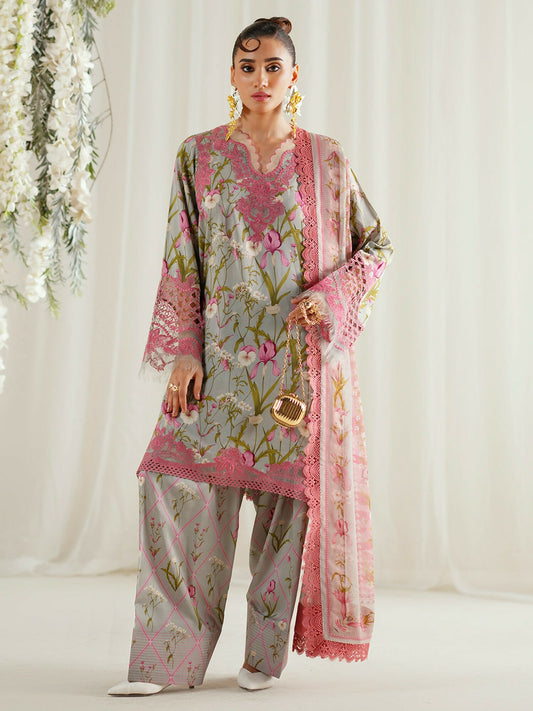 Binilyas Eres Bonita Viscose '25 embroidered unstitched suit with printed shirt, organza motifs, chiffon dupatta, and printed trouser.