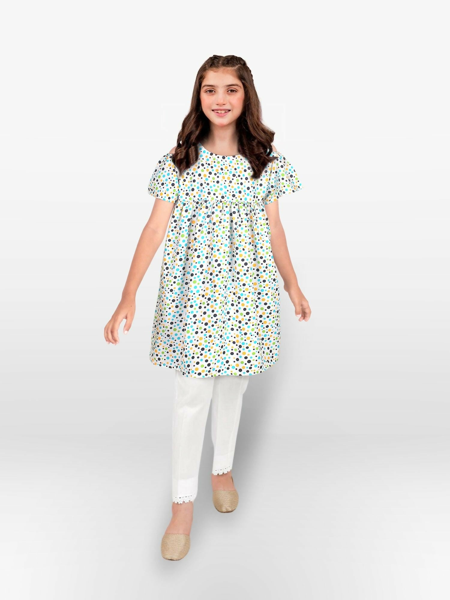 Off-White and Ivory Dots Velvour Girls Printed Stitched Kurti Tunic-VG108-A