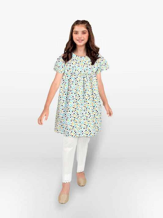 Off-White and Ivory Dots Velvour Girls Printed Stitched Kurti Tunic-VG108-A