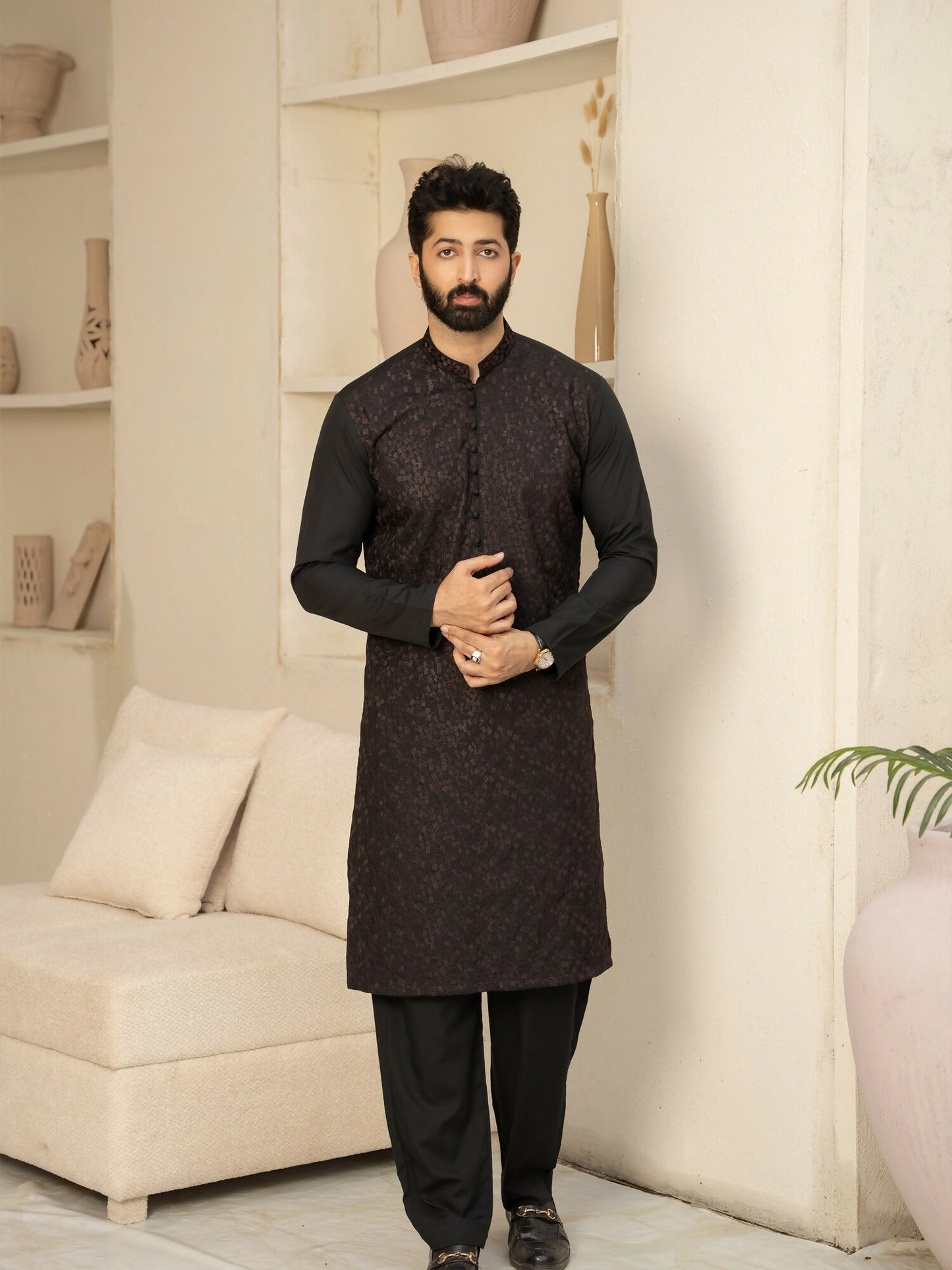 Fabrich Men Wash & Wear Embroidered Unstitched Shalwar Kameez-Black