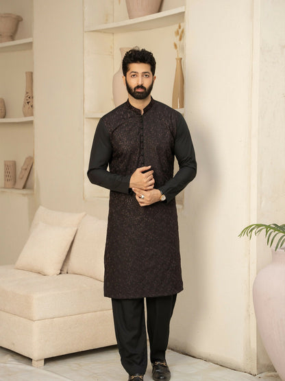Fabrich Men Wash & Wear Embroidered Unstitched Shalwar Kameez-Black