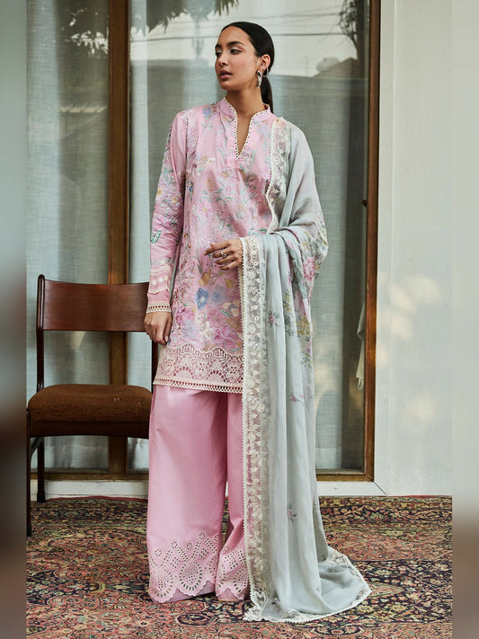Pink color of Zara Shahjahan Luxury Lawn Embroidered Unstitched 3-Piece Suit-Nozomi-2A
