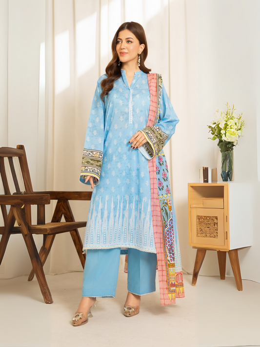 Sky blue printed lawn suit with multicolor voile dupatta
