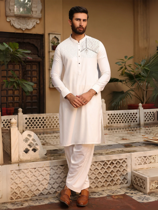 Off-White Fabrich Men Embroidered Wash N Wear Unstitched Shalwar Kameez-GTS-MCE-006