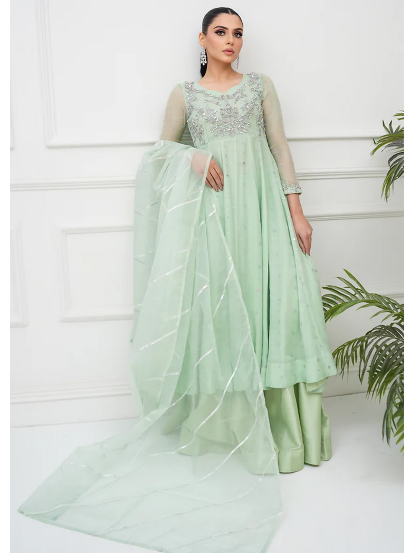 Allure By IH Lehr Chiffon Embroidered Lehenga-Matcha
