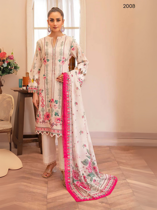 Ivory unstitched 3-piece lawn suit by Sitara Studio with pink and green floral prints, dyed trouser, and digital printed dupatta with pink border
