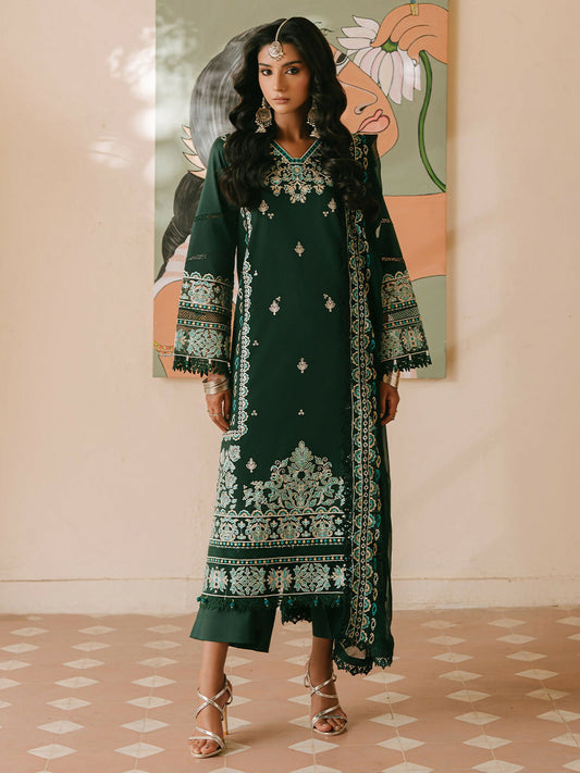Unstitched 3-piece luxury lawn suit from Mahnur Shanaya Luxury Lawn collection with embroidered lawn front, embroidered chiffon dupatta, and dyed trouser.