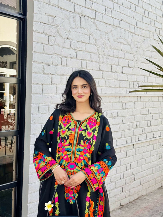 Tawakal Closet Linen Embroidered Stitched 3-Piece Suit-Multi Color Black