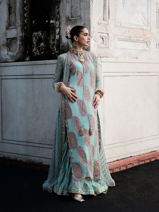 Hussain Rehar Festive Pret’25 ice blue organza shirt with chiffon jacket and silk sharara, stitched 3-piece suit.