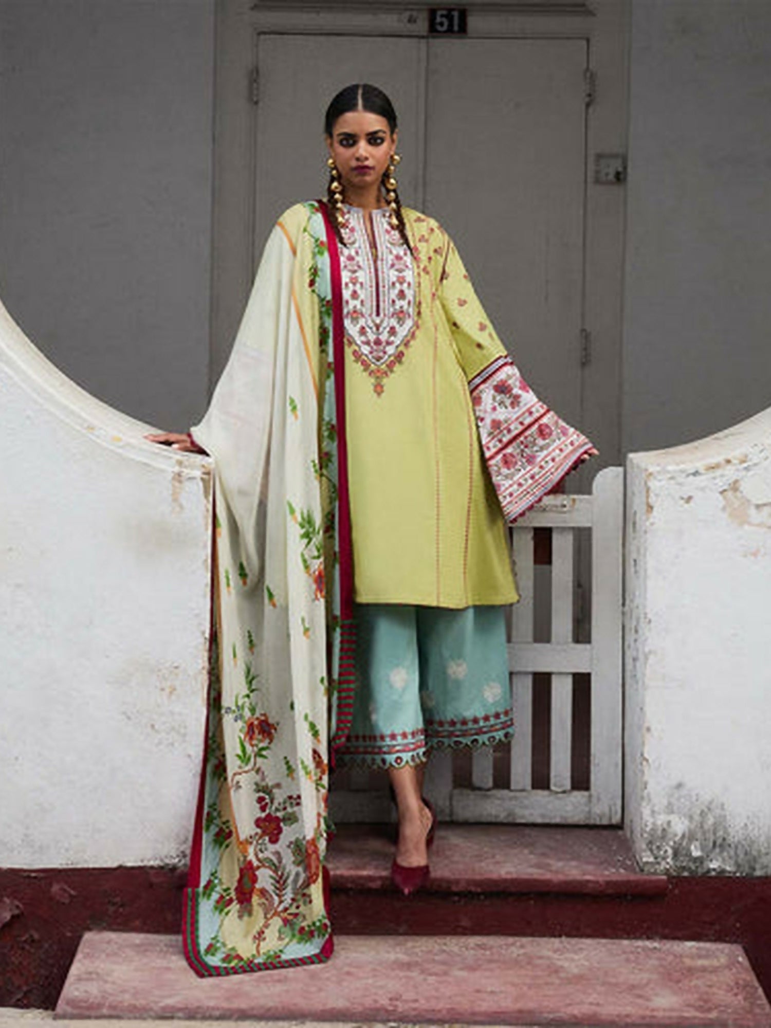 Lime Green Jugnu Lahore Luxury Cotton Embroidered Unstitched 3-Piece Suit-Siran