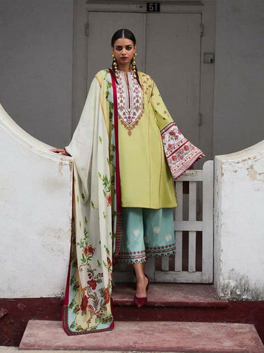 Lime Green Jugnu Lahore Luxury Cotton Embroidered Unstitched 3-Piece Suit-Siran