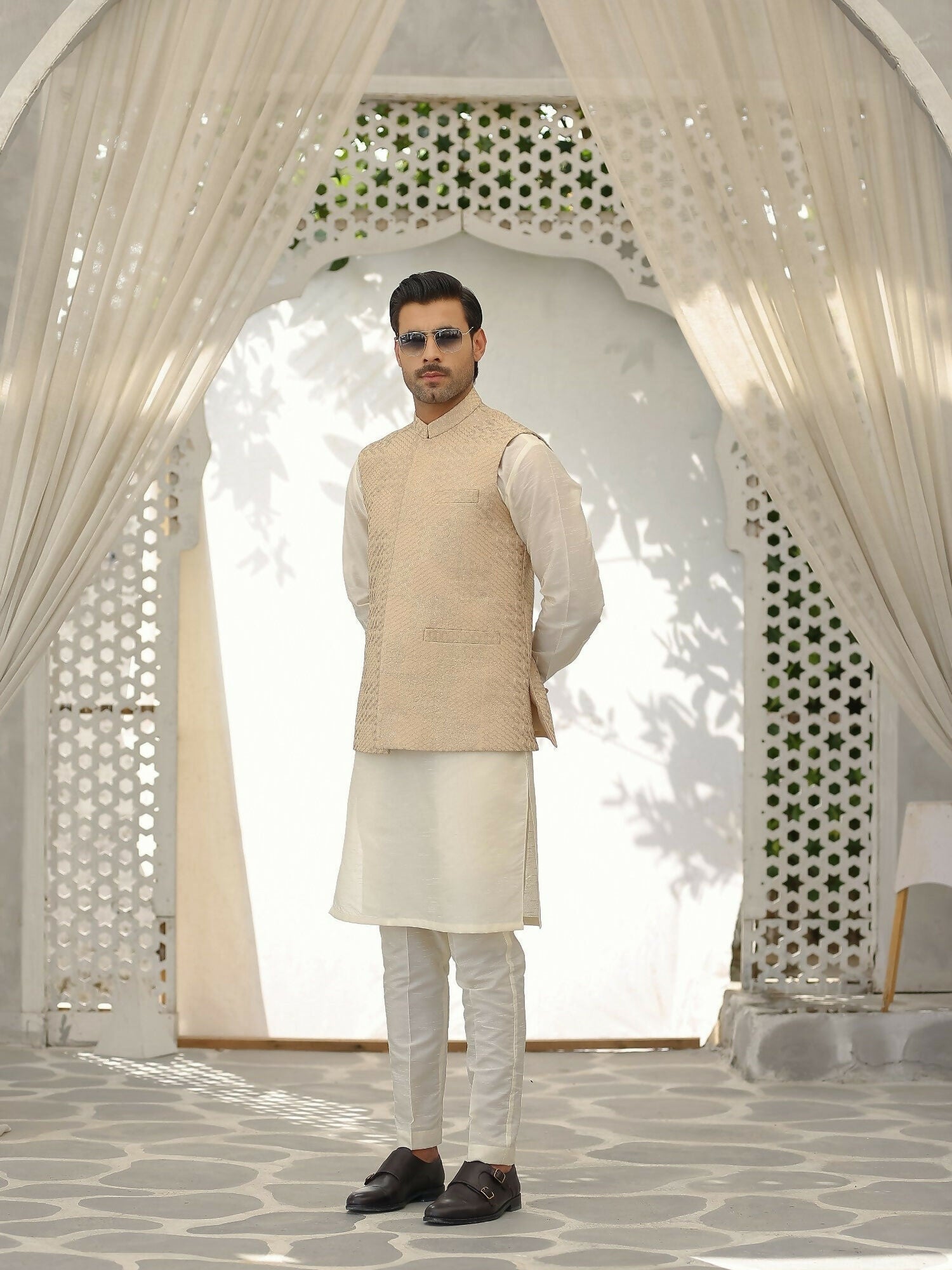 Gem Garments Afsanah Jacquard Embroidered Waistcoat-Munsaf