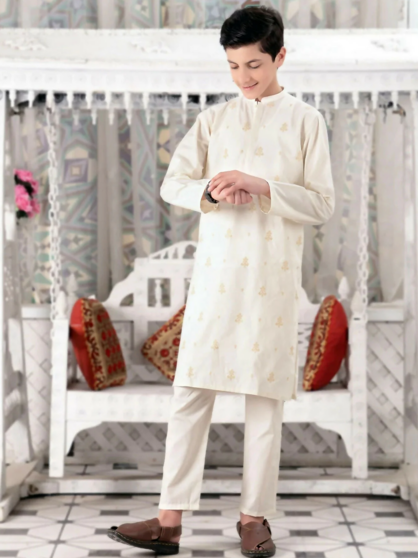 white-White-Velvour Boys Cotton Embroidered Stitched Kurta Trouser Suit-VB139
