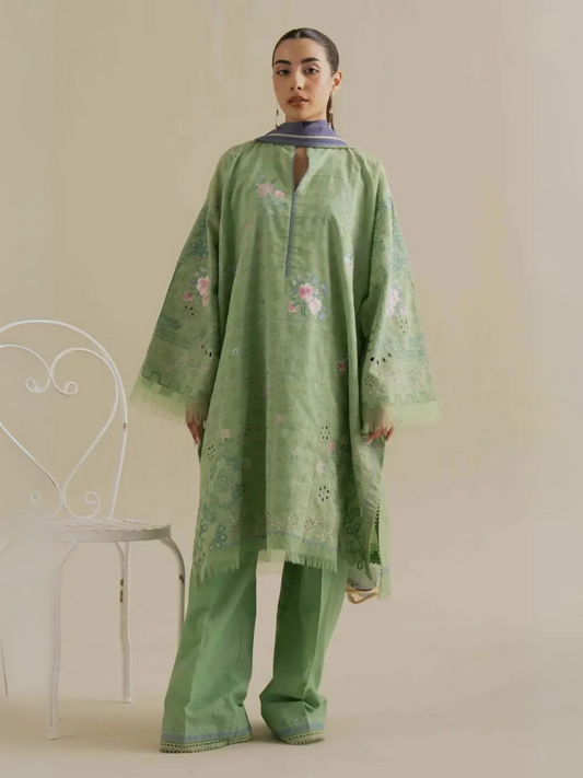 Unstitched 3-piece embroidered suit with jacquard shirt featuring hand embroidery, embroidered cambric trouser, and digital printed chiffon dupatta for a serene and textured look.