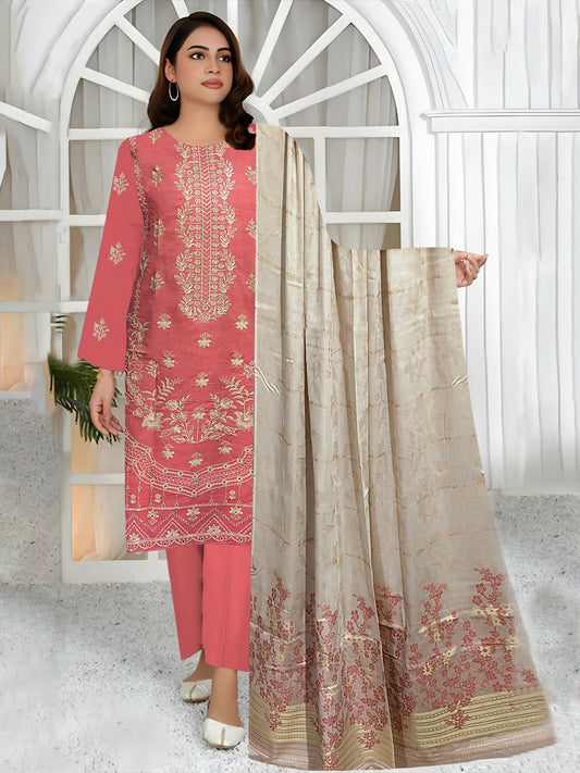 Embroidered shirt with plain trousers and a floral jacquard dupatta.