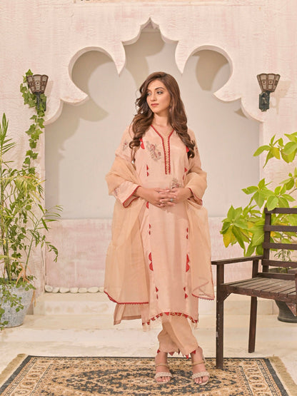 Ruby's Couture Panache Raw Silk Embroidered Stitched 3-Piece Suit-Marigold