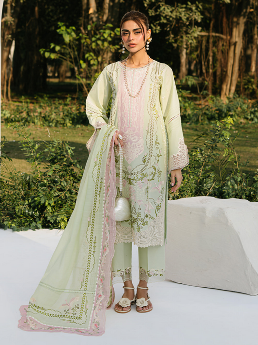 Embroidered three-panel lawn suit with organza sleeve and daman motifs, embellished dupatta with four-side lace, and cotton trouser.