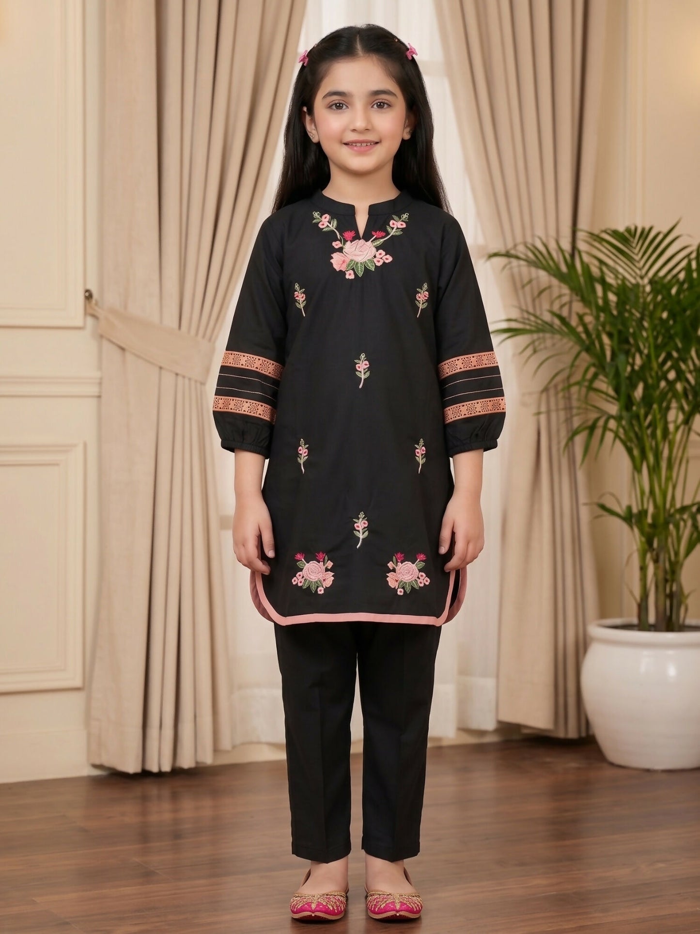 Velvour Girls Cotton Embroidered Co-Ord Set-VG57-Black