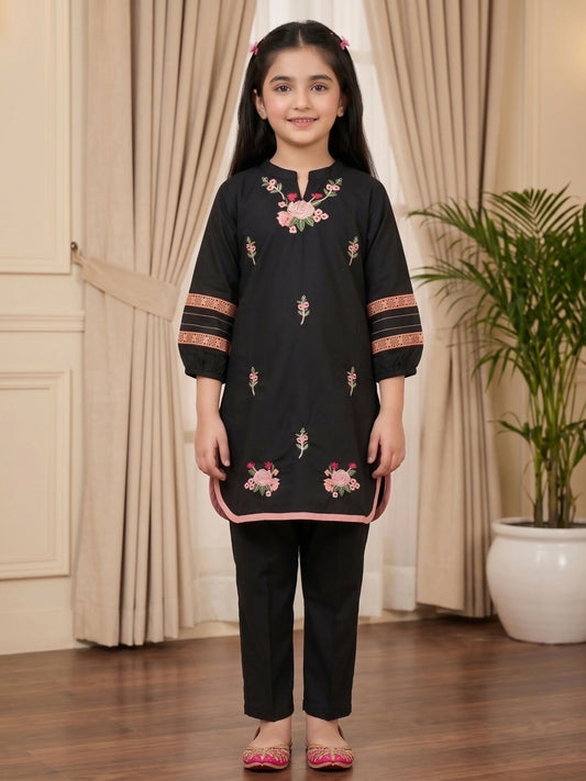 Velvour Girls Cotton Embroidered Co-Ord Set-VG57-Black
