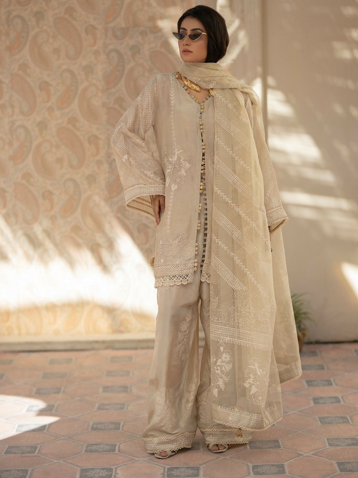 Shiza Hassan Chap Tilak Formals Pure Tusser Silk Embellished Stitched 3-Piece Suit-Carnation