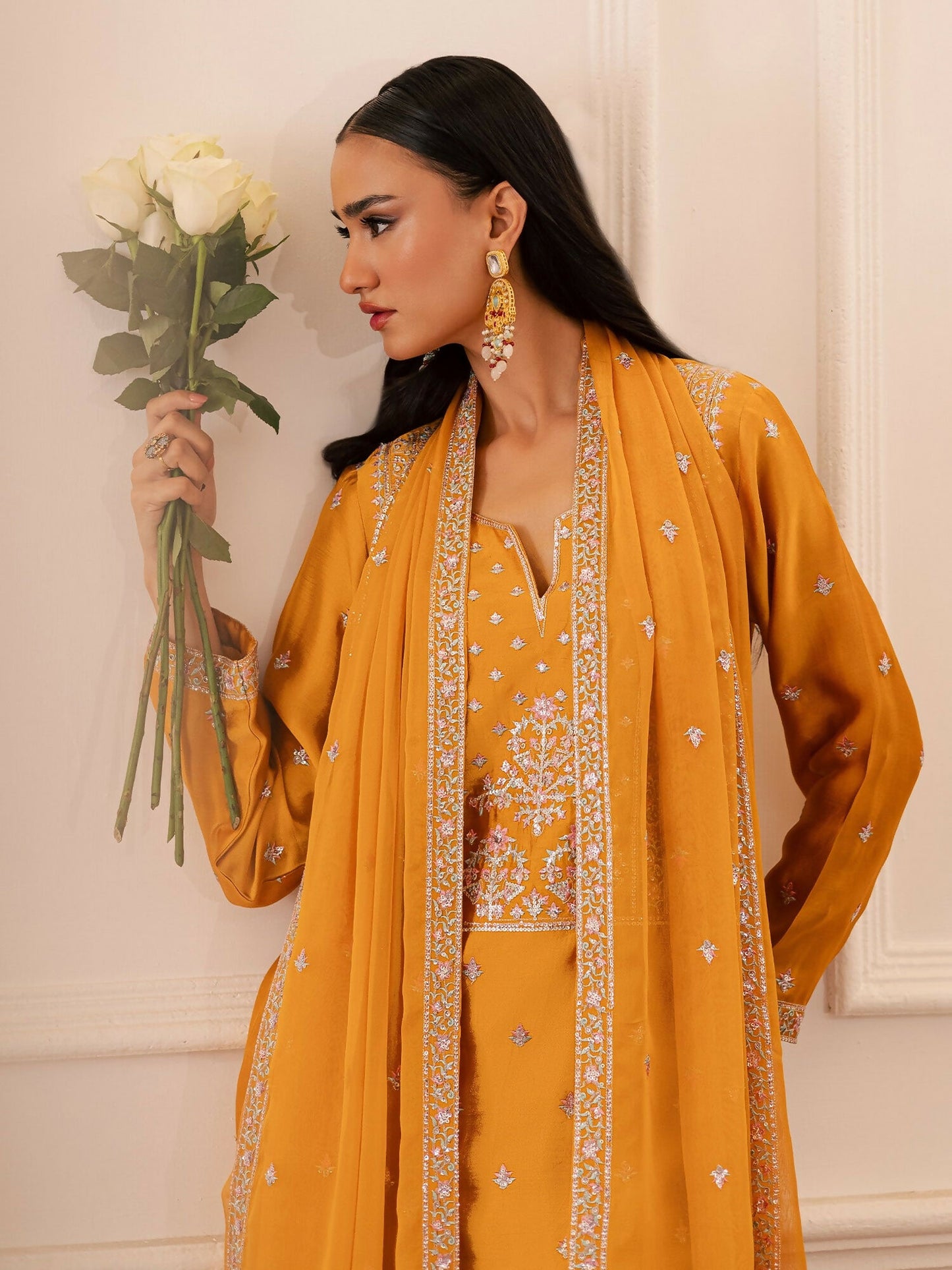 Allure By IH Be-My-Guest Thai silk Embellished Stitched 3-Piece Suit-Honey Burn