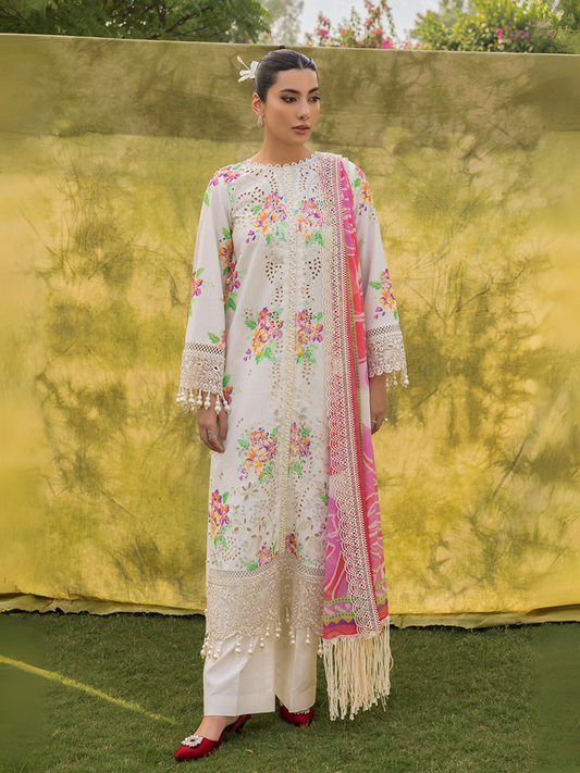 Woman wearing a white unstitched 3 piece suit with colorful chikankari floral embroidery, chiffon dupatta, and cotton trouser.