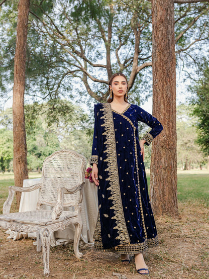 Panache Apparel Velvet Edit Micro Velvet 9000 Embroidered Stitched 3-Piece Suit-Lamisa