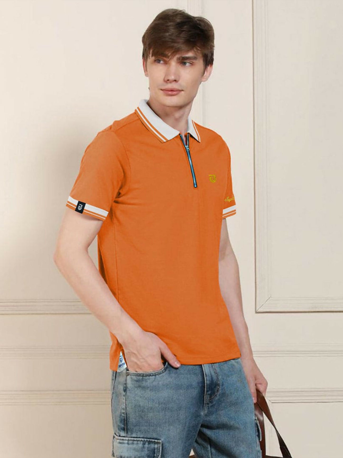 Jupiter Aestival Zip Neck Polo for Men featuring a tipped collar, zip neck design, and embroidered logo on left chest, crafted from a soft cotton-viscose blend in premium quality