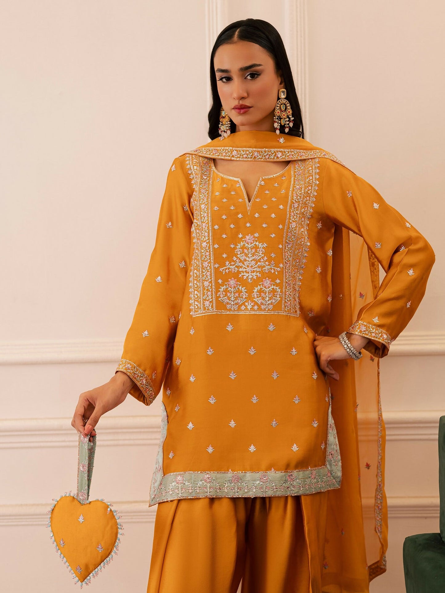 Allure By IH Be-My-Guest Thai silk Embellished Stitched 3-Piece Suit-Honey Burn