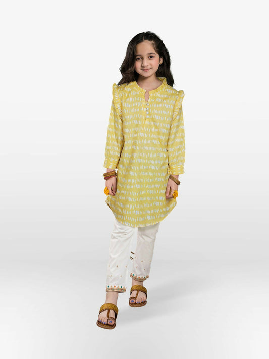 Light Yellow and White Velvour Girls Printed Stitched Kurti Tunic-VG81
