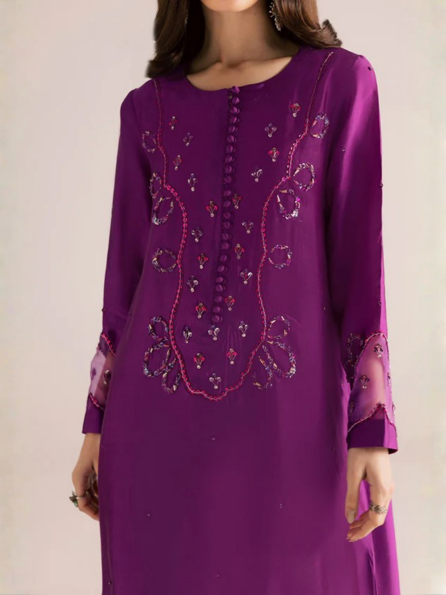 Allure By IH Silver Night Tussel Silk Embroidered Kaftan Set-Moon Drop