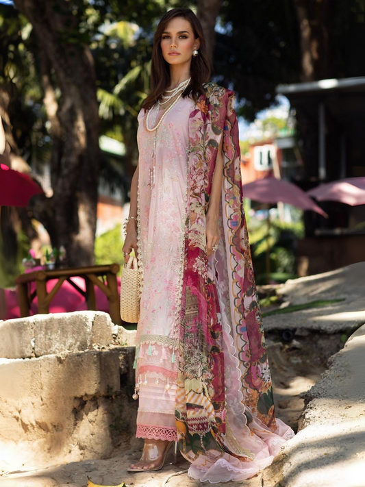 Pastel powder pink schiffli embroidered lawn unstitched 3-piece suit with digitally printed chiffon dupattaby  Ansab Jahangir.