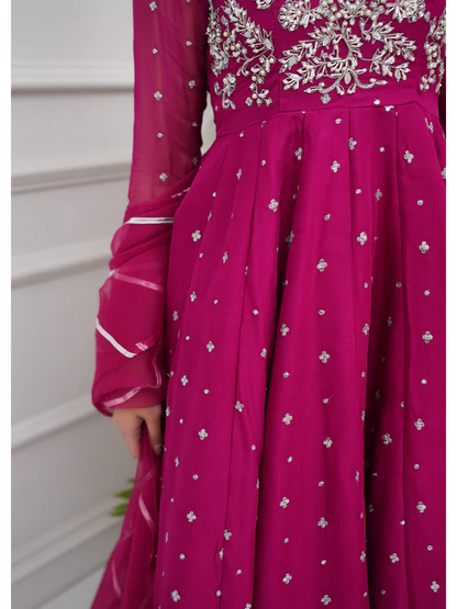 Allure By IH Lehr Chiffon Embroidered Lehenga-Very Berry