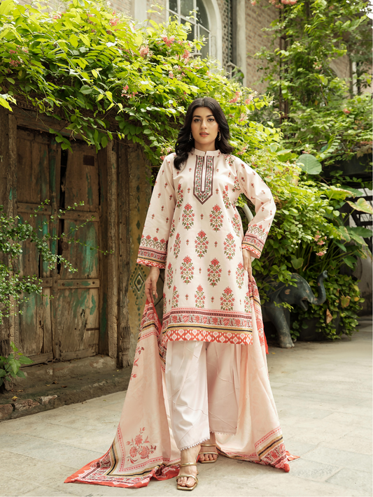 Unstitched 3-piece suit from Motifz featuring a floral digital printed lawn shirt, matching digital printed dupatta, and plain dyed trouser in light pastel tones.