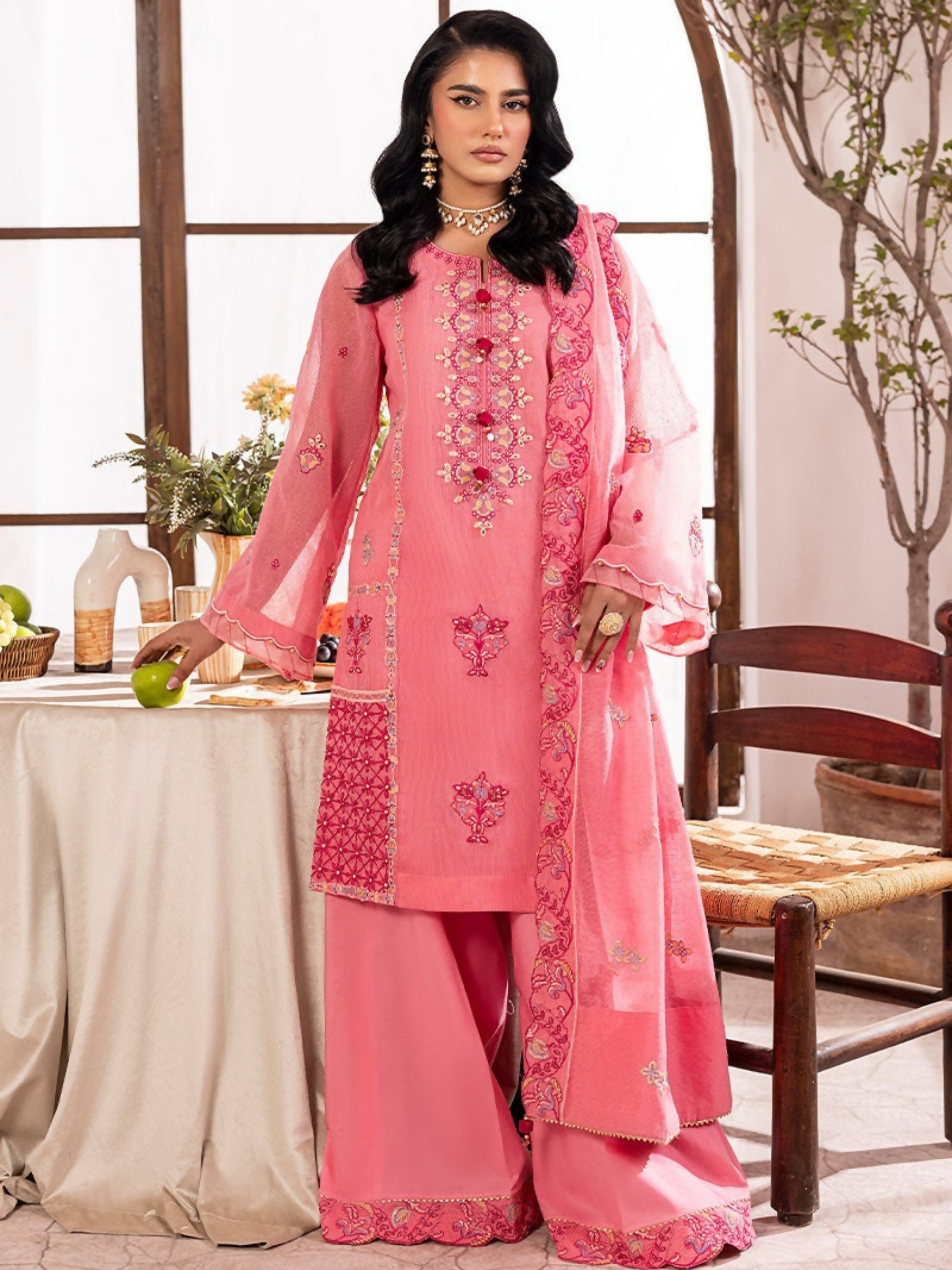 Shurooq L’amore Khaddi Net Embroidered Stitched 3-Piece Suit-Yodelle