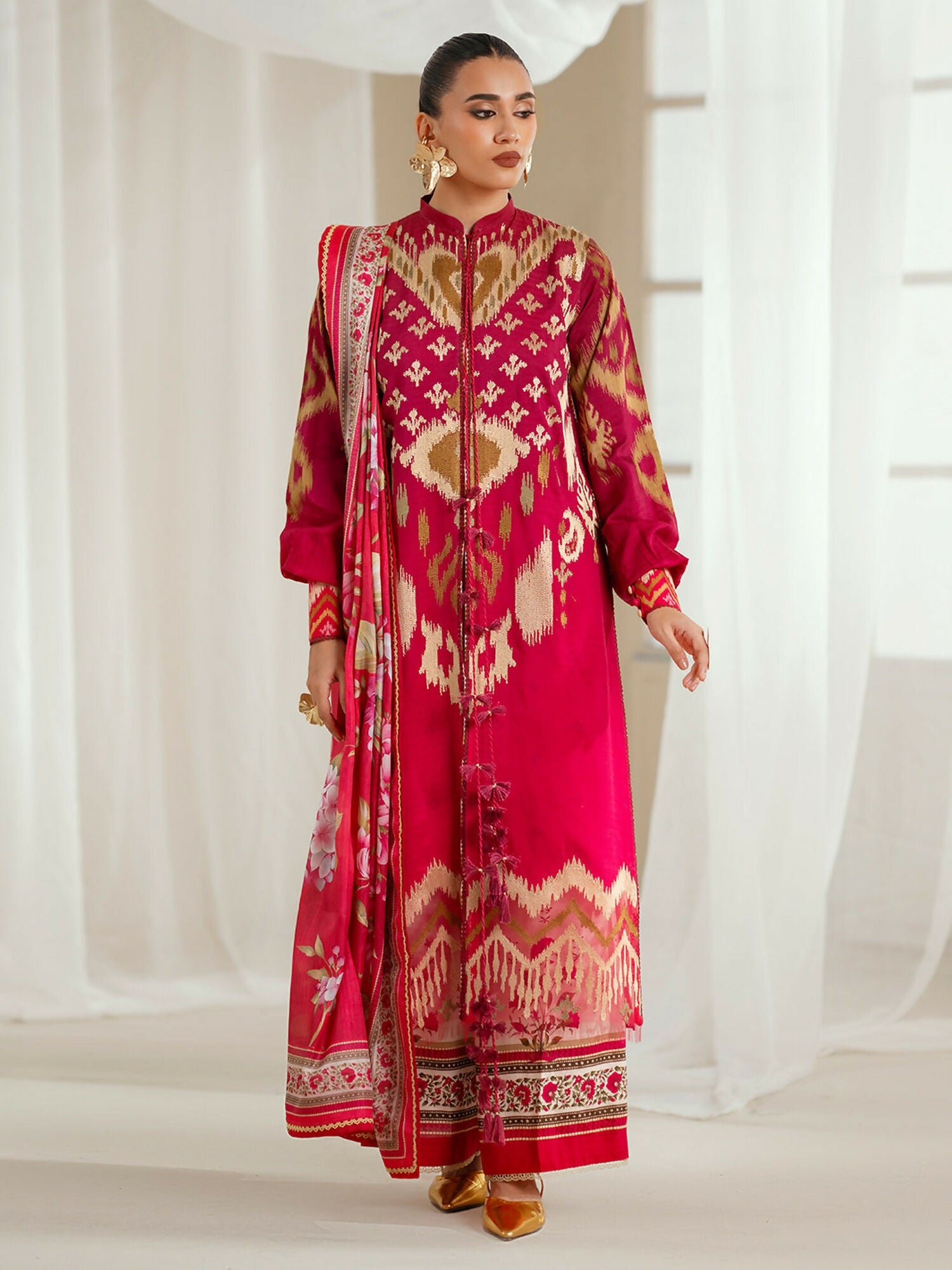 Binilyas Eres Bonita Viscose '25 embroidered unstitched suit with printed shirt, organza lace, silk dupatta, and printed trouser.