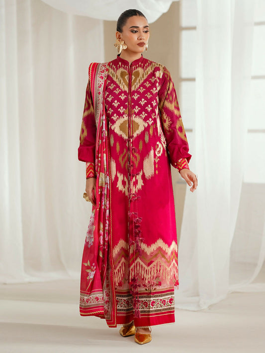 Binilyas Eres Bonita Viscose '25 embroidered unstitched suit with printed shirt, organza lace, silk dupatta, and printed trouser.