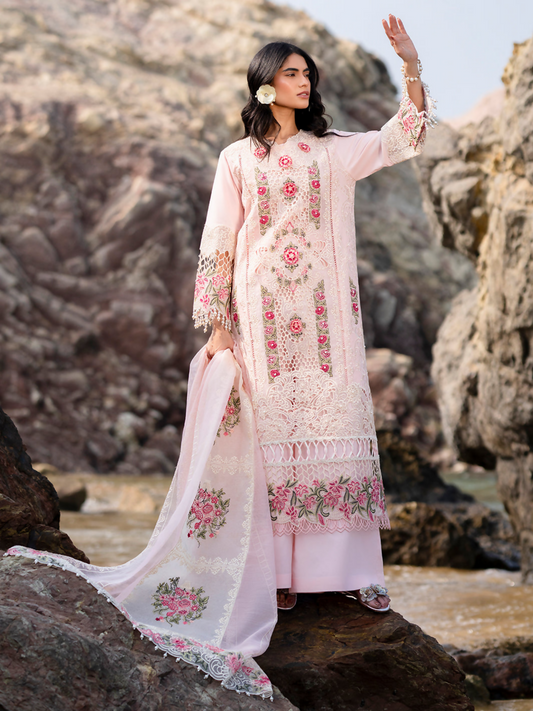 Unstitched 3-piece embroidered suit with lawn embroidered shirt, embroidered cotton net dupatta, dyed trousers, and lining fabric.