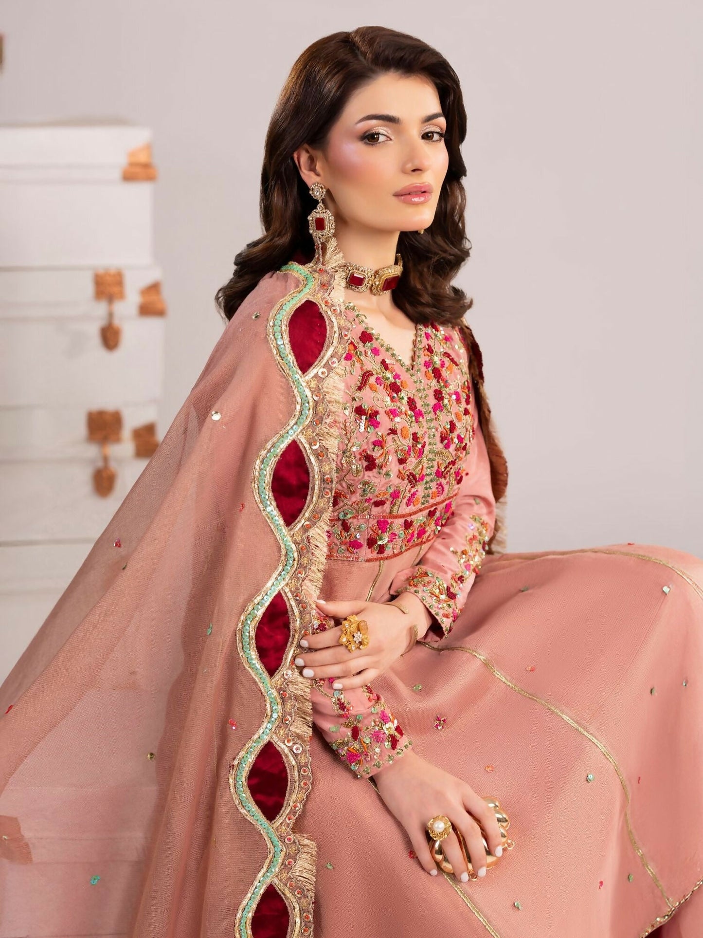 Shurooq Echoes In Bloom Silk Embellished Stitched 3-Piece Suit-Petal Veil