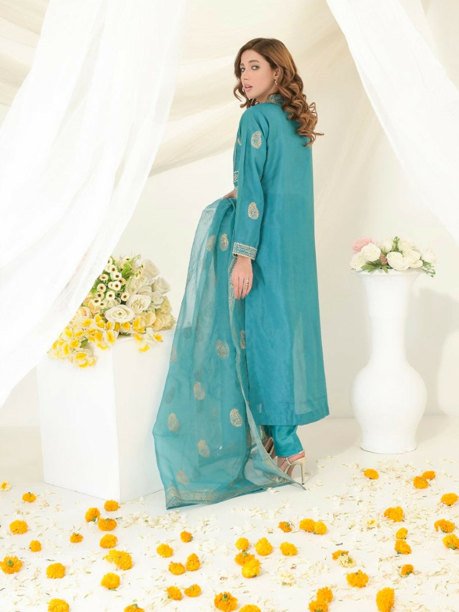 Ruby's Couture Gul-Bahar Silk Printed Stitched 3-Piece Suit-Maleena