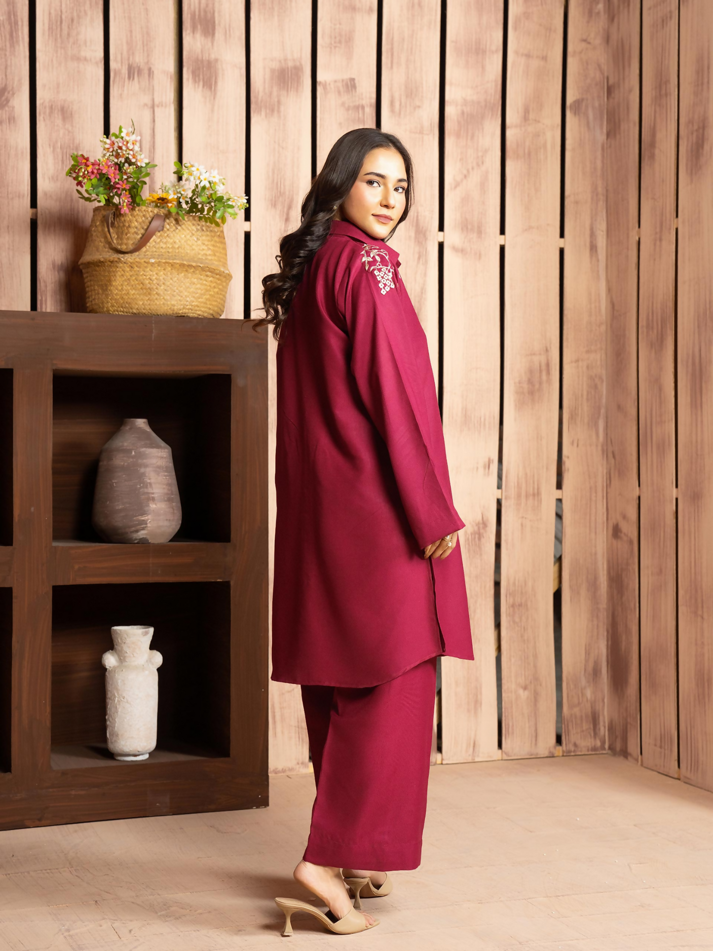 Panache Apparel Winter Core Linen Embroidered Co-Ord Set-Shine