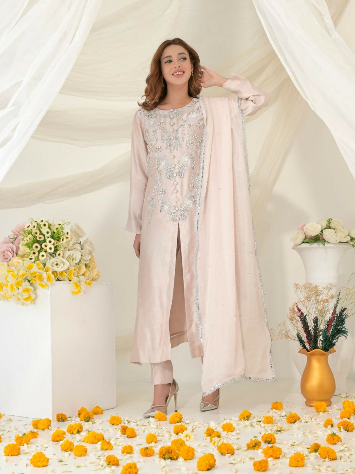 Ruby's Couture Gul-Bahar Khadi Embroidered Stitched 3-Piece Suit-Doodh Dulari