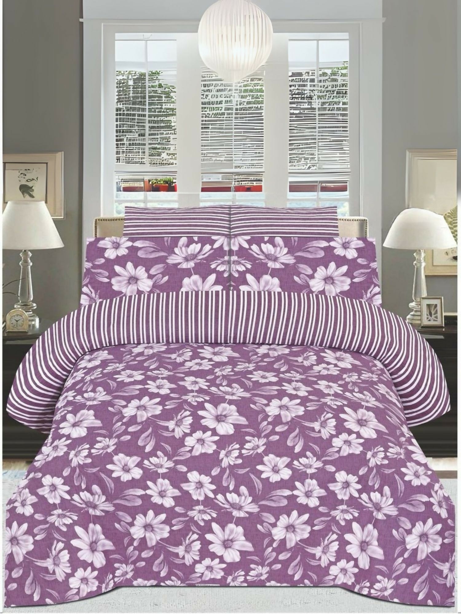 Danier 6pcs comforter set in lilac with white floral design – includes comforter, bedsheet, and four pillow covers.