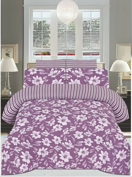 Danier 6pcs comforter set in lilac with white floral design – includes comforter, bedsheet, and four pillow covers.