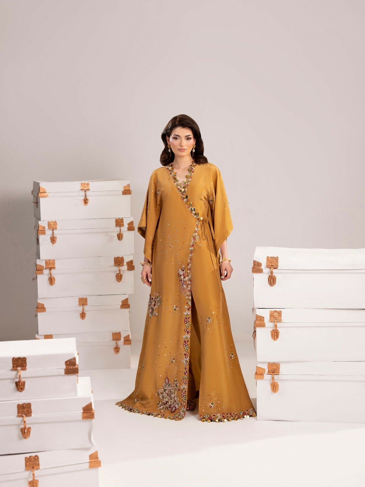 Shurooq Echoes In Bloom Silk Embellished Kaftan Set-Golden Mirage