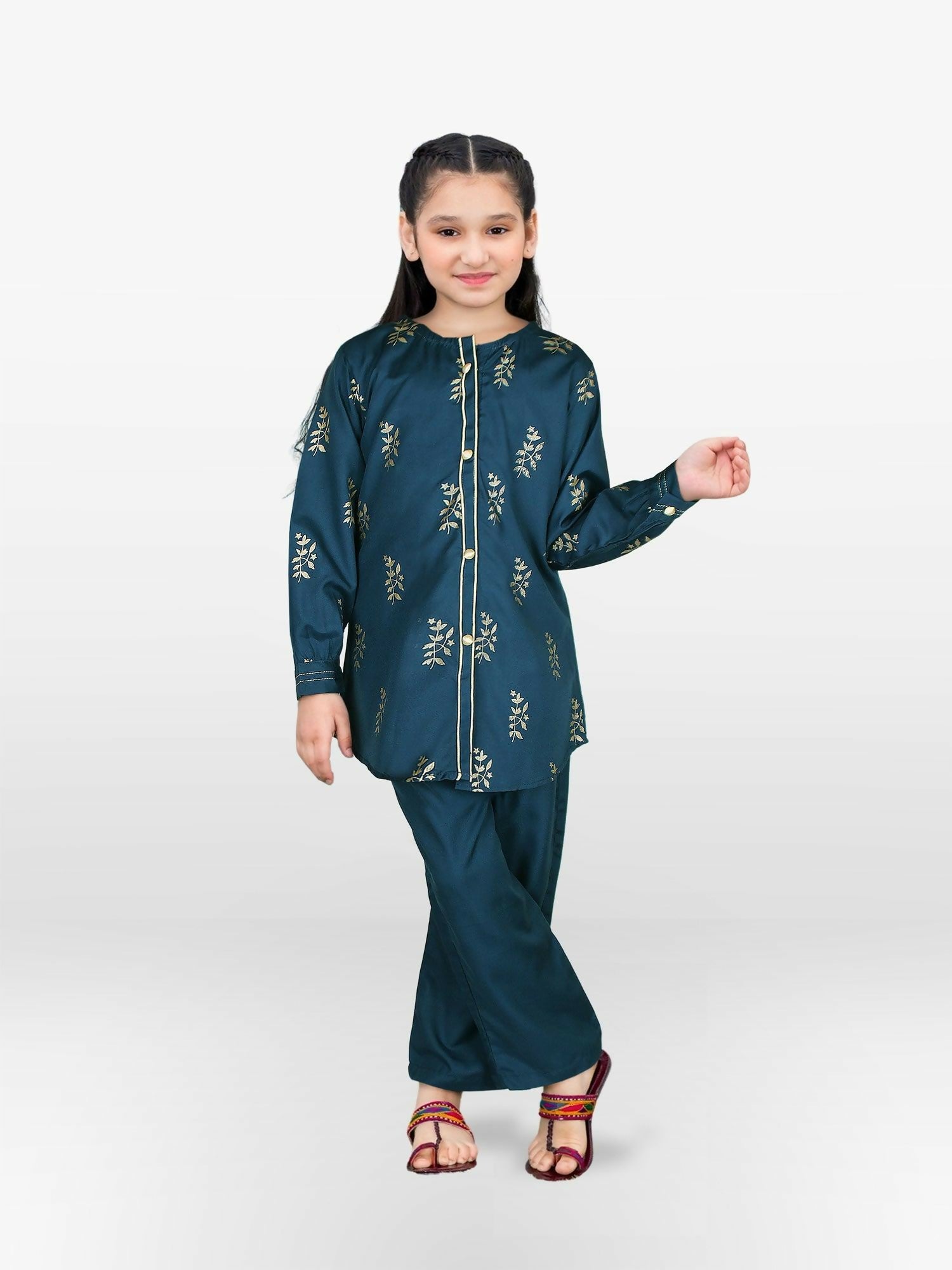 Teal Blue Velvour Girls Embroidered Co-ord Set-VG111-A