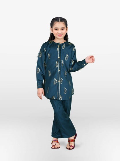 Teal Blue Velvour Girls Embroidered Co-ord Set-VG111-A