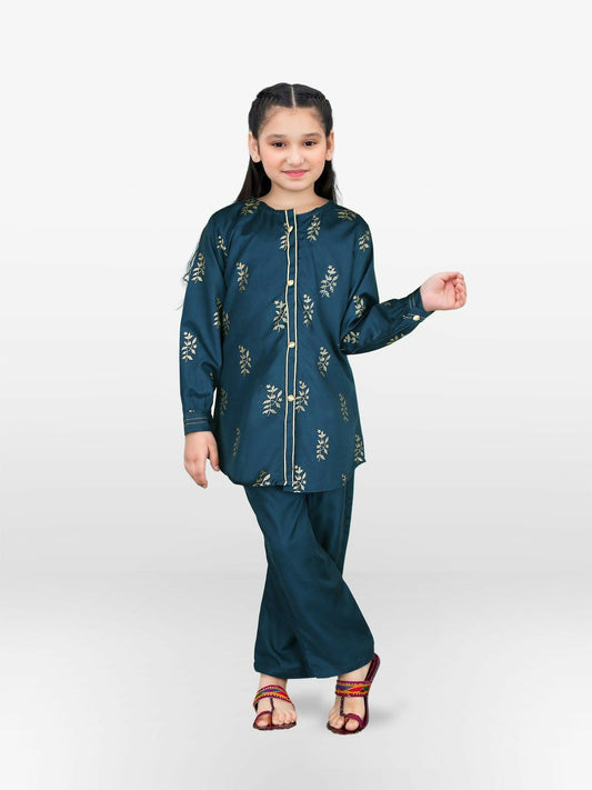 Teal Blue Velvour Girls Embroidered Co-ord Set-VG111-A