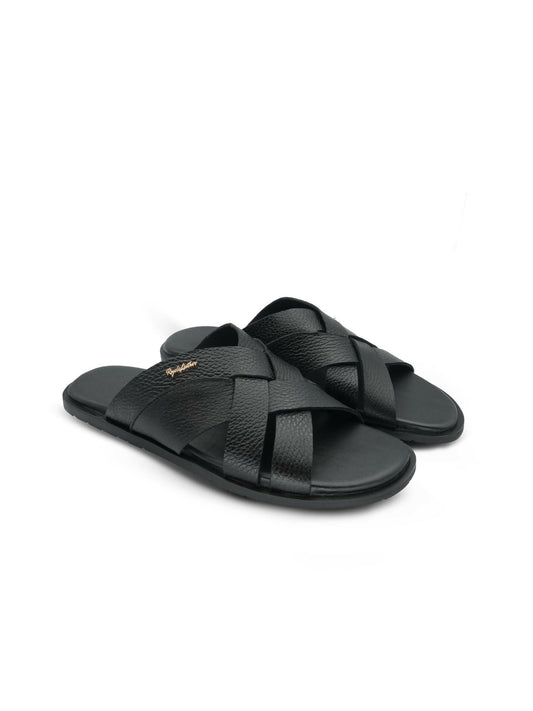 Men's black cow leather slippers by Royale Leather with 450-gram lightweight design and rubber sole, ideal for indoor use and casual wear
