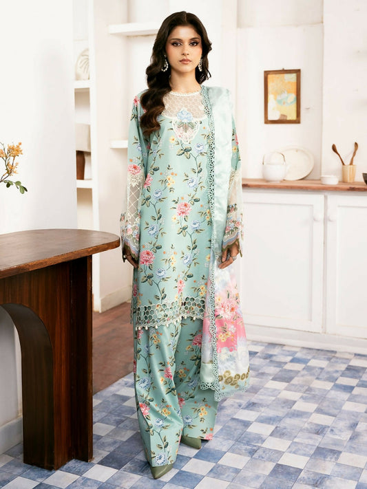 Unstitched 3-piece suit from Binilyas Noura Summer Edit featuring digital printed lawn shirt with embroidered neck and organza laces, paired with digital printed dupatta and cotton trouser.